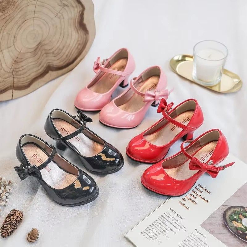 Fashion Girls High Heels Glossy Bowtie Kids Leather Shoe Spring Autumn Children Causal Princess Dress Shoes for Evening Party