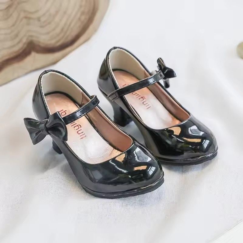 Fashion Girls High Heels Glossy Bowtie Kids Leather Shoe Spring Autumn Children Causal Princess Dress Shoes for Evening Party