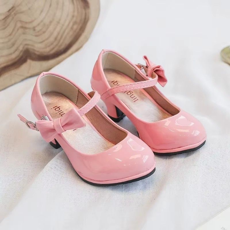 Fashion Girls High Heels Glossy Bowtie Kids Leather Shoe Spring Autumn Children Causal Princess Dress Shoes for Evening Party