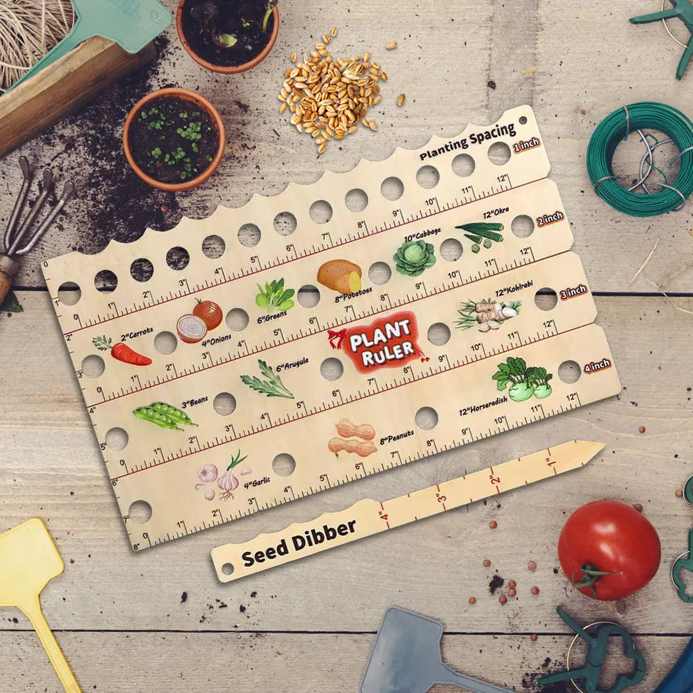 1PC   Wooden Planting Ruler and Dibber Multifunctional Sowing Ruler with Planting Guide Set Gardening Tools