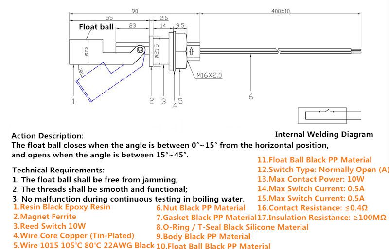 Tank Pool Horizontal Water Level Switch Liquid Level Sensor Liquid PP Plastic Ball Float Switch For Arduino