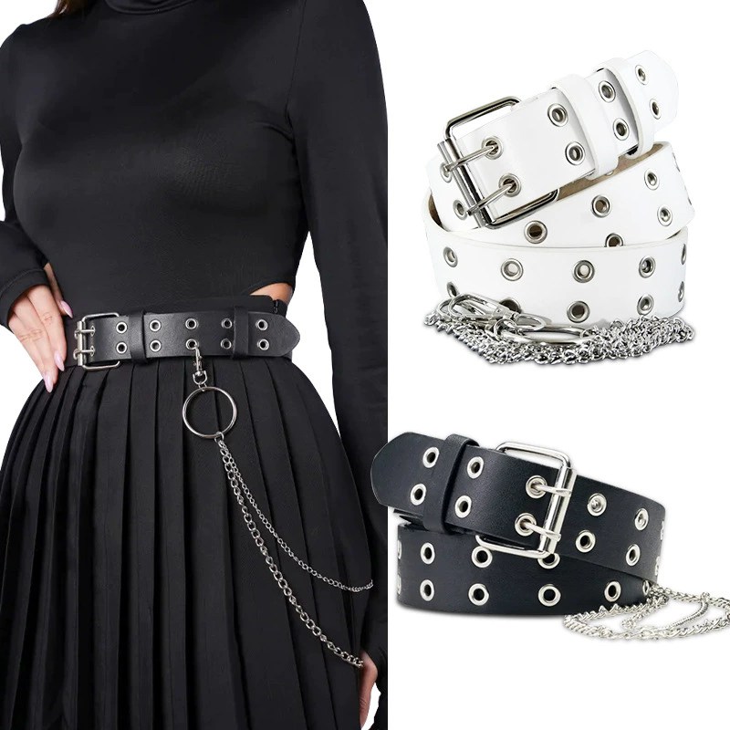 Fashion PU Women Belts Chain Luxury for Genuine Leather New Style Pin Buckle Jeans Decorative Ladies Retro Decorative Punk
