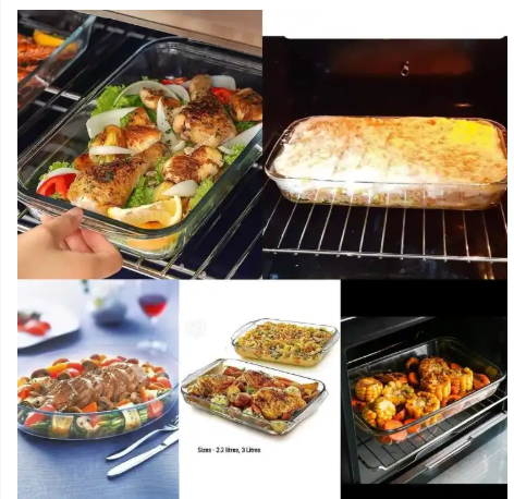 Rectangular Glass Baking Tray 3 Pcs SetHigh quality, Heat resistant, Aesthetically pleasing, East to clean, Oven, microwave, freezer and dishwasher safe. WHAT’S IN THE BOX 1L,1.6L,2.2L baking tray