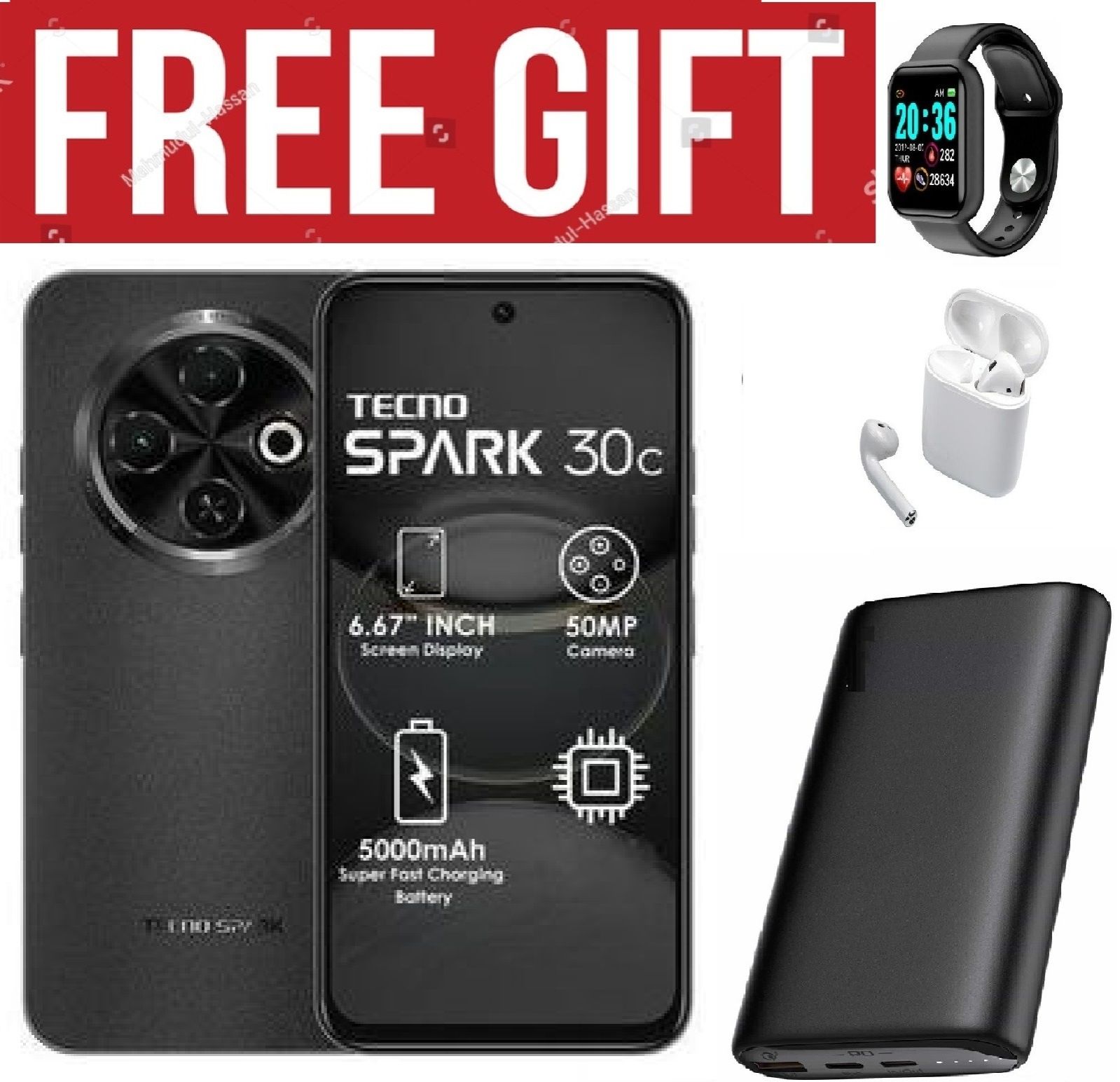 LIMITED DISCOUNT!!!BRAND NEW Tecno Spark 30c, 6.67'' HD+, UP to 8GB RAM + 128GB ROM (Dual Sim) 50MP, 5000 mAh  COMES WITH FREE GIFTS ( AIRPODS + SMART WATCH +POWERBANK ) FOR YOU