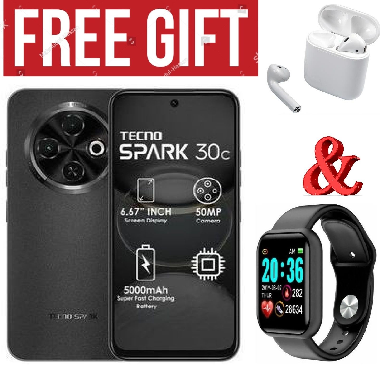 LIMITED DISCOUNT!!!BRAND NEW Tecno Spark 30c, 6.67'' HD+, UP to 8GB RAM + 128GB ROM (Dual Sim) 50MP, 5000 mAh COMES WITH FREE GIFTS ( AIRPODS + SMART WATCH) FOR YOU