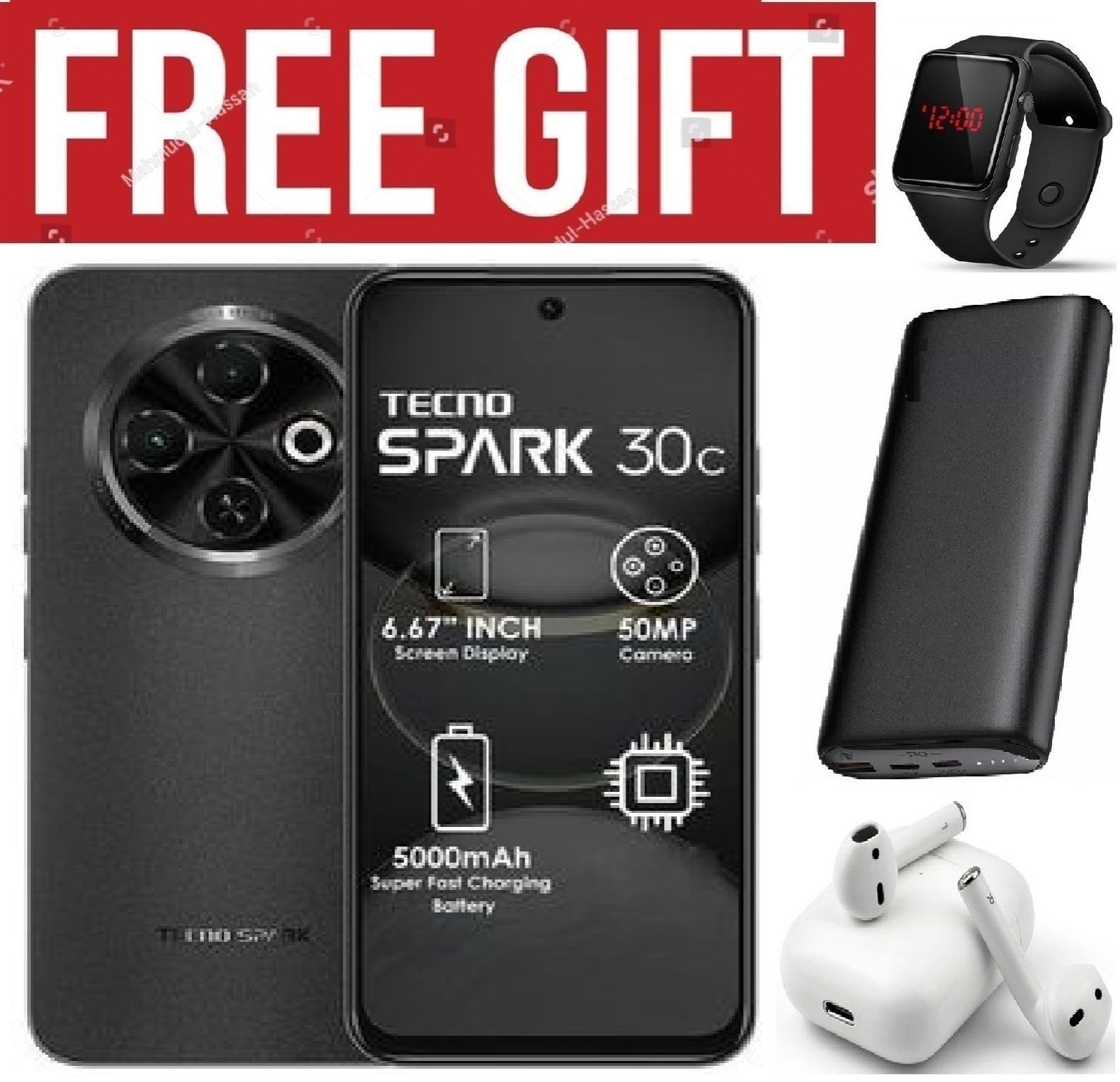 LIMITED DISCOUNT!!!BRAND NEW Tecno Spark 30c, 6.67'' HD+, UP to 8GB RAM + 128GB ROM (Dual Sim) 50MP, 5000 mAh  COMES WITH FREE GIFTS ( AIRPODS + SMART WATCH +POWERBANK ) FOR YOU