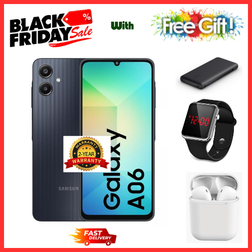 BLACK FRIDAY DEALS🔥🔥🔥 BRAND NEW SAMSUNG A06 6.7 DISPLAY 4GB RAM + 64GB/128GB ROM 5000MAH SMARTPHONE DUAL SIM COMES WITH FREE GIFTS ( AIRPODS + SMART WATCH+ POWER BANK)