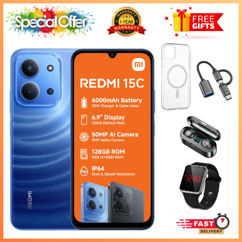 REDMI 15C 256GB ROM +16GB RAM EXPANDABLE  6.9'' LCD 50MP Main Camera 8MP selfie camera 6000mAh 33W Fast Charger Android 15 Side Fingerprint -Smartphones Side fingerprint