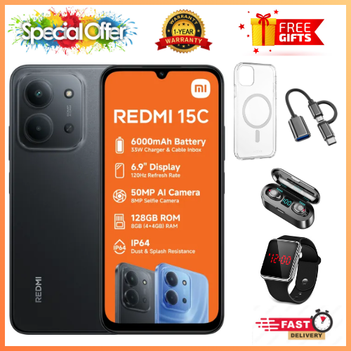 REDMI 15C 256GB ROM +16GB RAM EXPANDABLE  6.9'' LCD 50MP Main Camera 8MP selfie camera 6000mAh 33W Fast Charger Android 15 Side Fingerprint -Smartphones Side fingerprint