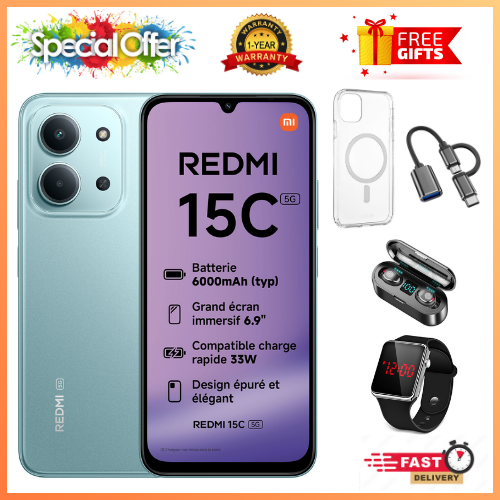 REDMI 15C 256GB ROM +16GB RAM EXPANDABLE  6.9'' LCD 50MP Main Camera 8MP selfie camera 6000mAh 33W Fast Charger Android 15 Side Fingerprint -Smartphones Side fingerprint