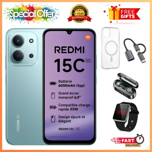 REDMI 15C 256GB ROM +16GB RAM EXPANDABLE  6.9'' LCD 50MP Main Camera 8MP selfie camera 6000mAh 33W Fast Charger Android 15 Side Fingerprint -Smartphones Side fingerprint