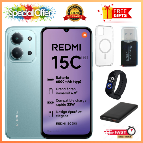 BRAND NEW REDMI 15C 256/128GB ROM + 8GB/16 RAM EXPANDABLE  6.9'' LCD 50MP Main Camera 8MP selfie camera 6000mAh 33W Fast Charger Android 15 Side Fingerprint -Smartphones Side fingerprint