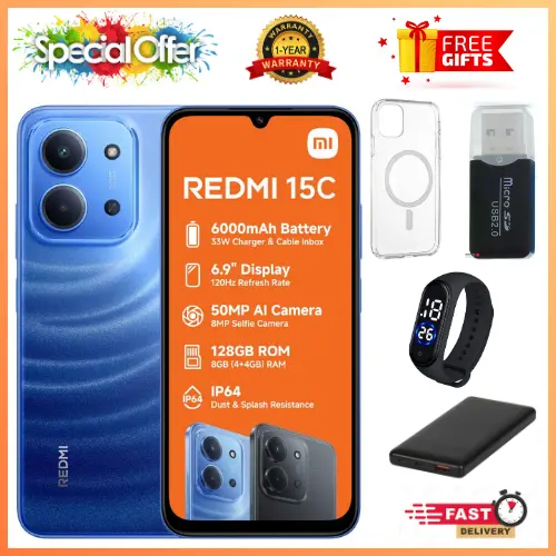BRAND NEW REDMI 15C 256/128GB ROM + 8GB/16 RAM EXPANDABLE  6.9'' LCD 50MP Main Camera 8MP selfie camera 6000mAh 33W Fast Charger Android 15 Side Fingerprint -Smartphones Side fingerprint