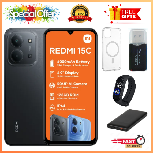 BRAND NEW REDMI 15C 256/128GB ROM + 8GB/16 RAM EXPANDABLE  6.9'' LCD 50MP Main Camera 8MP selfie camera 6000mAh 33W Fast Charger Android 15 Side Fingerprint -Smartphones Side fingerprint