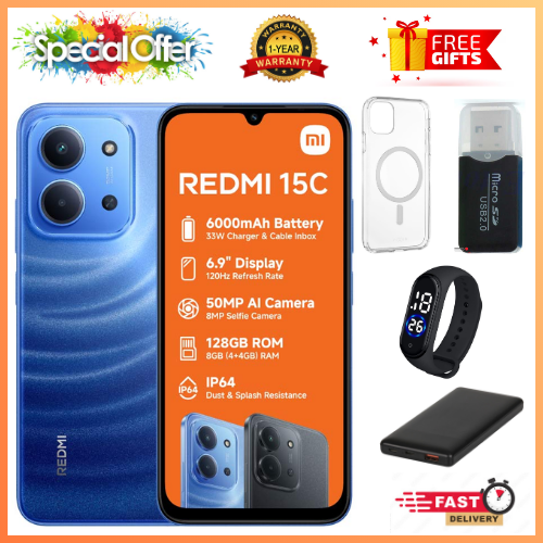 BRAND NEW REDMI 15C 256/128GB ROM + 8GB/16 RAM EXPANDABLE  6.9'' LCD 50MP Main Camera 8MP selfie camera 6000mAh 33W Fast Charger Android 15 Side Fingerprint -Smartphones Side fingerprint