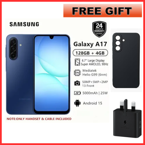 [2-Year Local Warranty] New Arrival Samsung Galaxy A17 128GB+4GB 6.7" Super AMOLED Display Mediatek Helio G99 50MP Triple Camera Android 15 IP54 Waterproof 5000mAh 25W Type-C AI Smart Phones phone