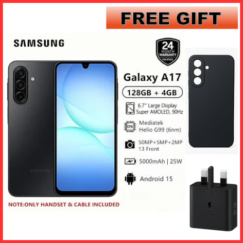 [2-Year Local Warranty] New Arrival Samsung Galaxy A17 128GB+4GB 6.7" Super AMOLED Display Mediatek Helio G99 50MP Triple Camera Android 15 IP54 Waterproof 5000mAh 25W Type-C AI Smart Phones phone