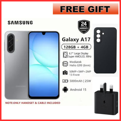 [2-Year Local Warranty] New Arrival Samsung Galaxy A17 128GB+4GB 6.7" Super AMOLED Display Mediatek Helio G99 50MP Triple Camera Android 15 IP54 Waterproof 5000mAh 25W Type-C AI Smart Phones phone