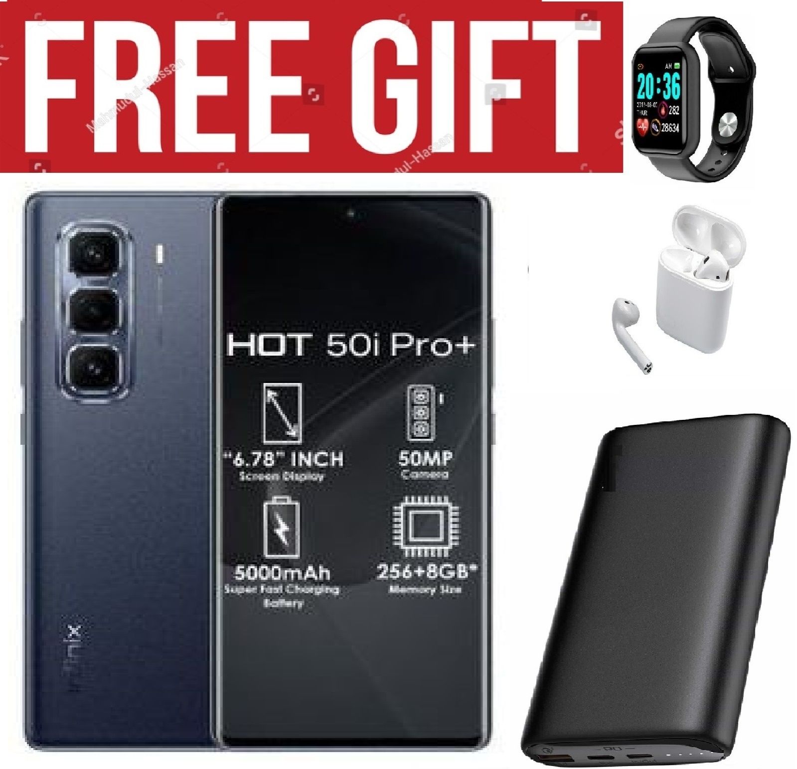 LIMITED DISCOUNT!!!!!BRAND NEW!!!!Infinix HOT 50 PRO PLUS,AMOLED CURVED SCREEN DISPLAY 6.78" INCHES(8GB +8GB) RAM & 128 GB ROM,5000MAH,50MP  COMES WITH FREE GIFTS ( AIRPODS + SMART WATCH +POWERBANK )