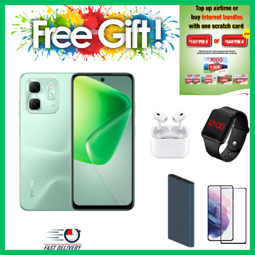 LIMITED DISCOUNT!!!!!BRAND NEW!!!! Infinix Hot 50i 4G"6.7-inch,12 GB(6+6)RAM+128GB ROM' Battery: 5000mAh COMES WITH FREE GIFTS ( AIRPODS + SMART WATCH +POWERBANK ) FOR YOU