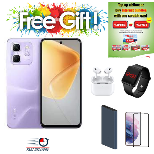 LIMITED DISCOUNT!!!!!BRAND NEW!!!! Infinix Hot 50i 4G"6.7-inch,12 GB(6+6)RAM+128GB ROM' Battery: 5000mAh COMES WITH FREE GIFTS ( AIRPODS + SMART WATCH +POWERBANK ) FOR YOU