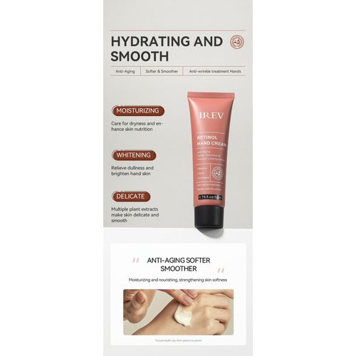 IREV Retinol Hand Cream - Antiaging Hand Treatment Cream Softens Smoothes Protects Hands Nails Cuticles - For Younger Looking Hands Vitamin A Minimises Age Effect on Skin