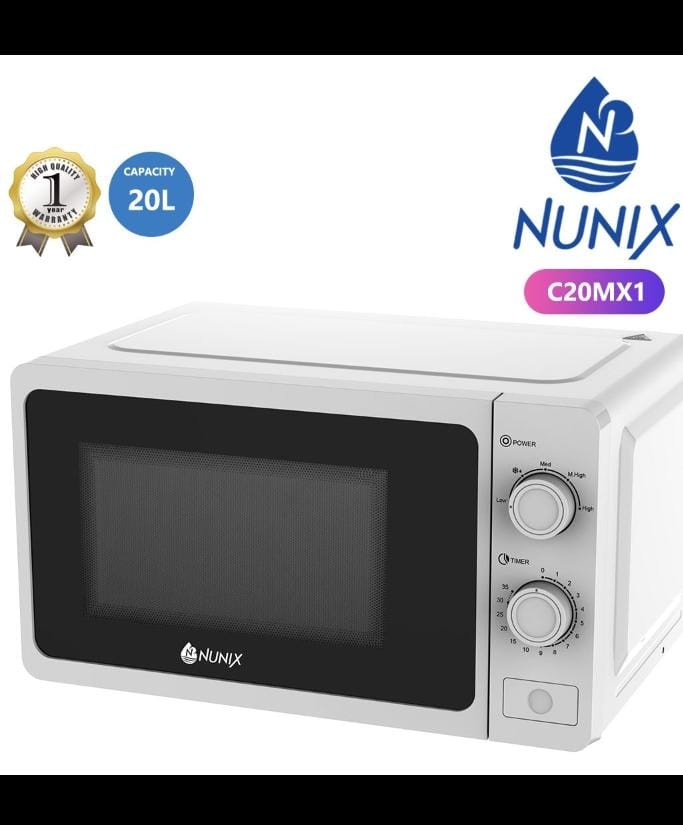 Nunix 20L Microwave Oven, model C20MX1. 
Features and Specifications:
Capacity: 20 liters, suitable for small to medium-sized households. 
Controls: Manual knobs for intuitive operation of power level