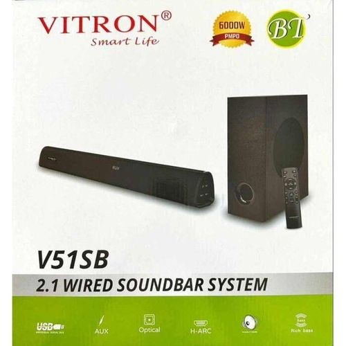 Vitron 2.1 Mini Home Theater System And A Remote Control Wired Soundbar System/VITRON- 2.1 Ch SUB WOOFER - 6000W, is a brand from Vitron with an amazing sound, Bluetooth, USB,FM, and super bass,enjoy,