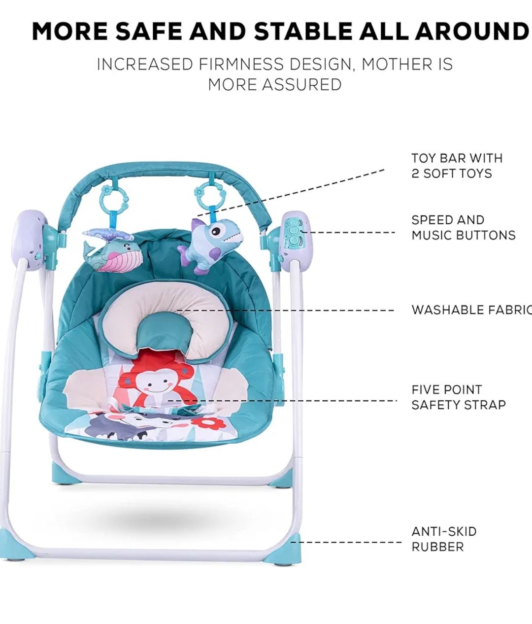Electric Baby Swing with Multi-Functional Remote Control & Removable Baby Toys | Portable & Foldable Swing for Kids with 3 Point Safety Belt