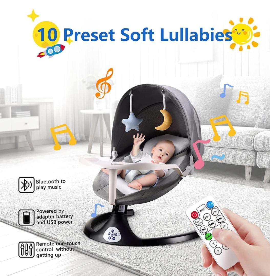 Baby Swing for Infants,feeding area 5 Speed Electric Bluetooth Baby Rocker for Newborn, 3 Timer Settings & 10 Pre-Set Lullabies, Portable Baby Swing with Tray and Remote Control for 0-18Months