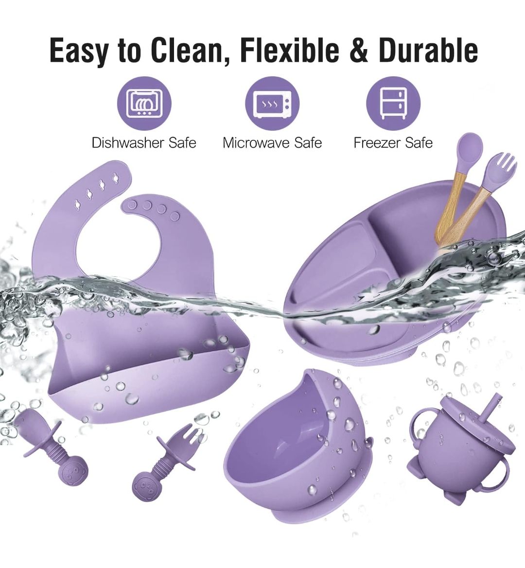 8PCS Silicone Baby Feeding Set, Baby Led Weaning Supplies with Suction Bowl Divided Plate, Toddler Self Feeding Dish Set with Spoons Forks Sippy Cup Adjustable Bib, Baby Eating Utensils