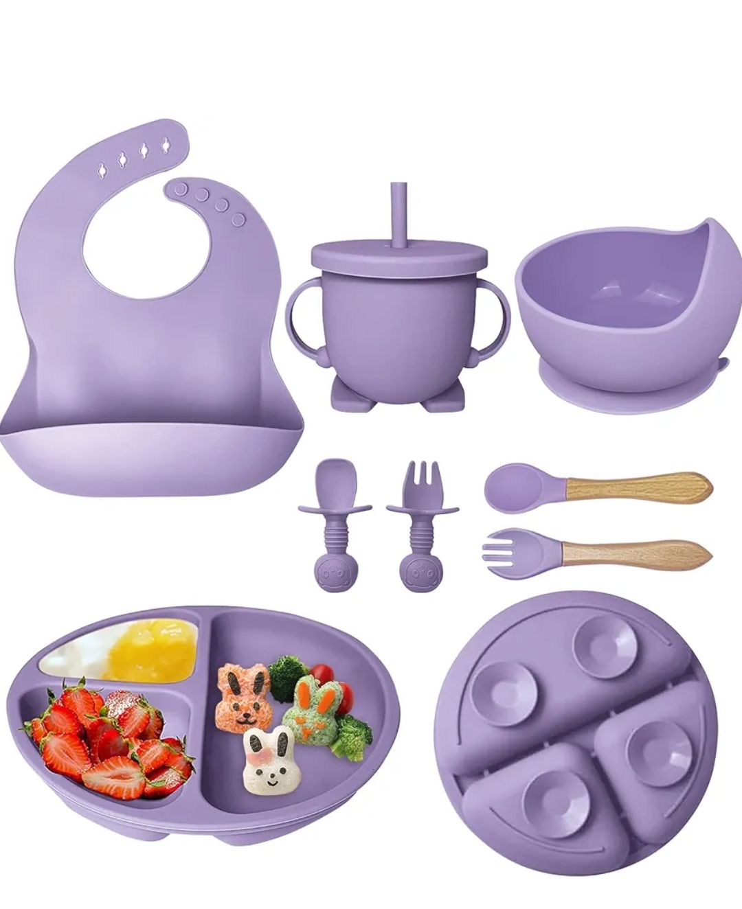 8PCS Silicone Baby Feeding Set, Baby Led Weaning Supplies with Suction Bowl Divided Plate, Toddler Self Feeding Dish Set with Spoons Forks Sippy Cup Adjustable Bib, Baby Eating Utensils