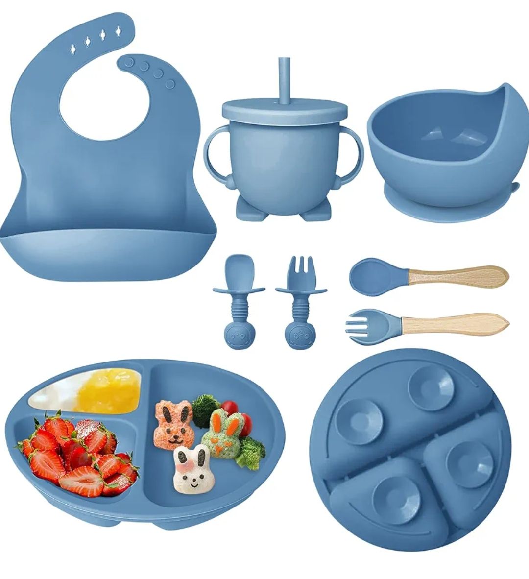 8PCS Silicone Baby Feeding Set, Baby Led Weaning Supplies with Suction Bowl Divided Plate, Toddler Self Feeding Dish Set with Spoons Forks Sippy Cup Adjustable Bib, Baby Eating Utensils