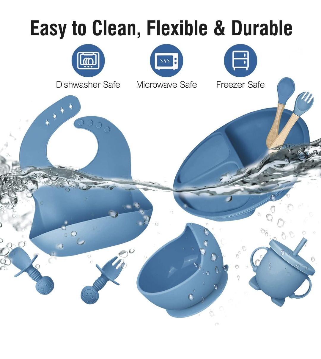 8PCS Silicone Baby Feeding Set, Baby Led Weaning Supplies with Suction Bowl Divided Plate, Toddler Self Feeding Dish Set with Spoons Forks Sippy Cup Adjustable Bib, Baby Eating Utensils