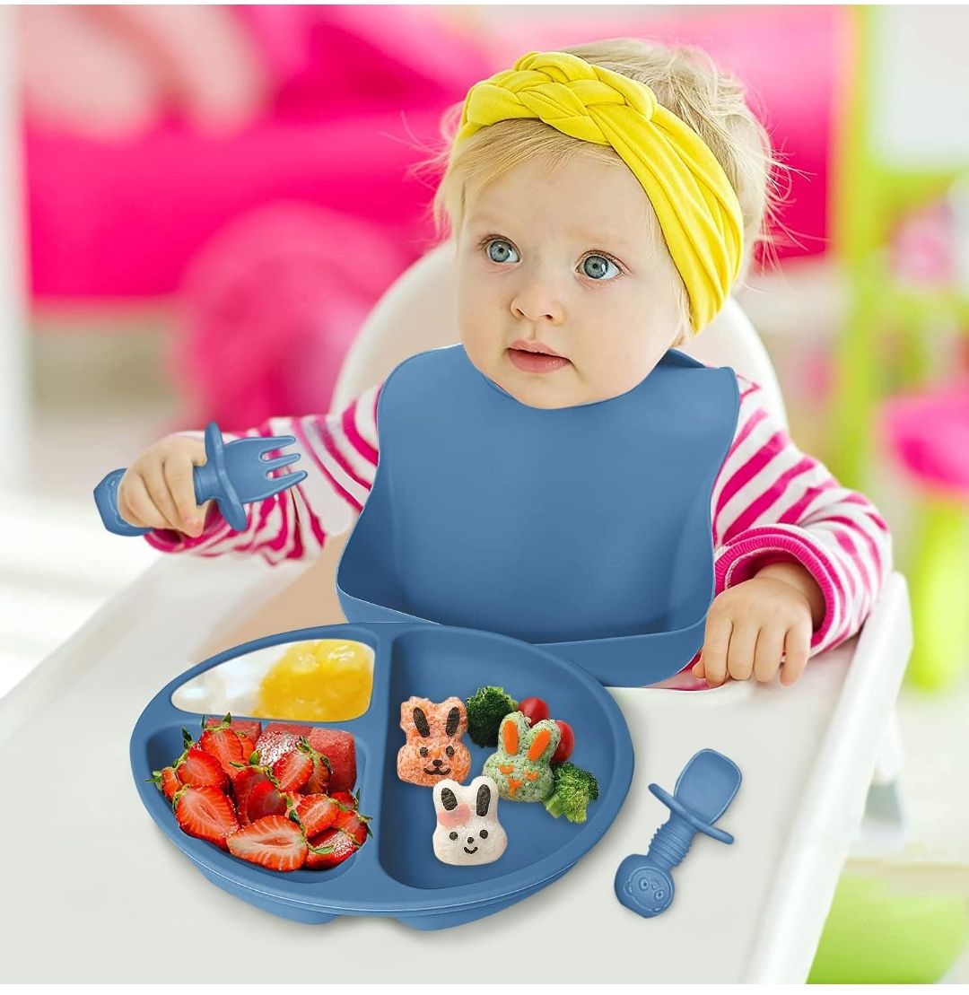 8PCS Silicone Baby Feeding Set, Baby Led Weaning Supplies with Suction Bowl Divided Plate, Toddler Self Feeding Dish Set with Spoons Forks Sippy Cup Adjustable Bib, Baby Eating Utensils