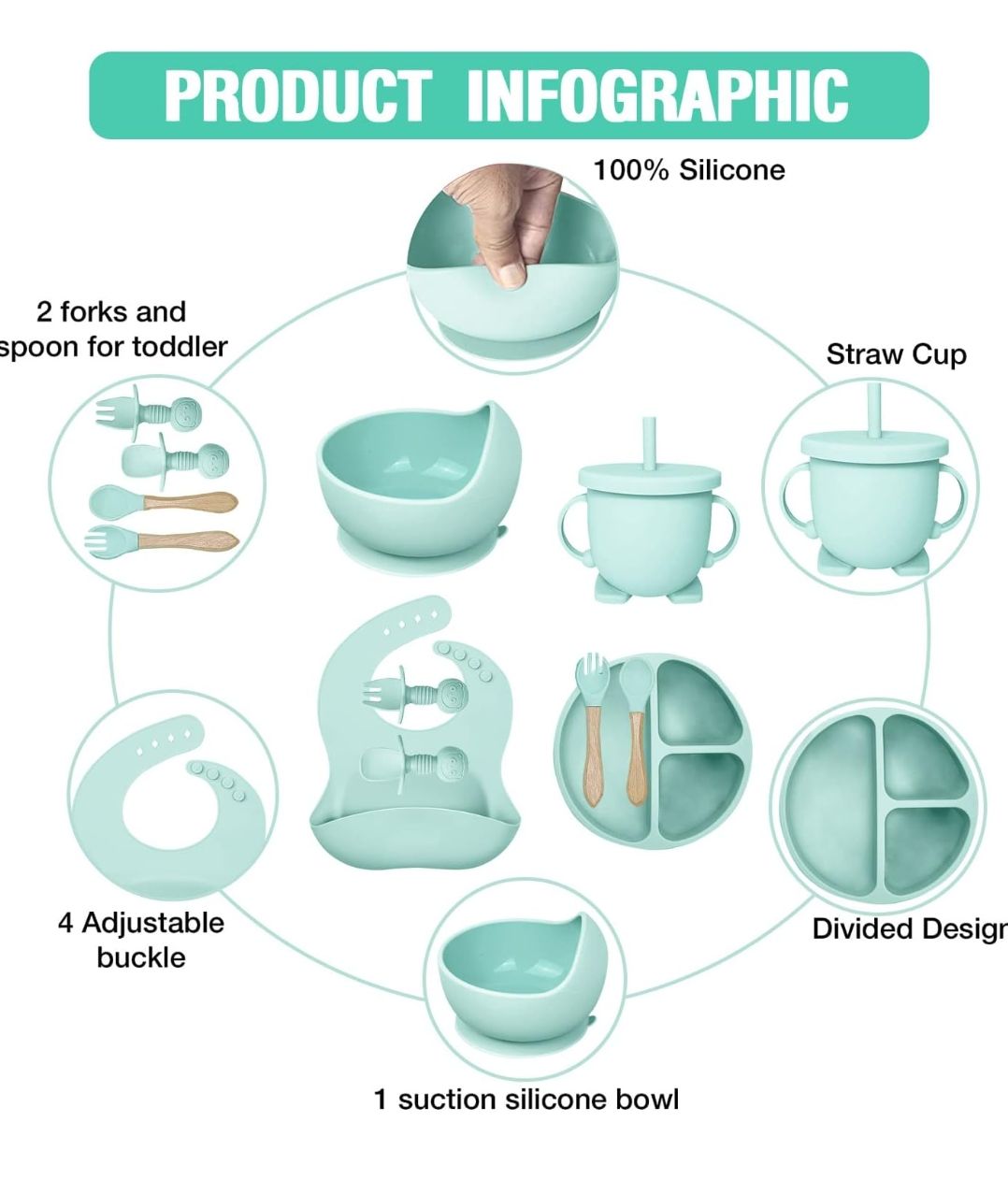 8PCS Silicone Baby Feeding Set, Baby Led Weaning Supplies with Suction Bowl Divided Plate, Toddler Self Feeding Dish Set with Spoons Forks Sippy Cup Adjustable Bib, Baby Eating Utensils