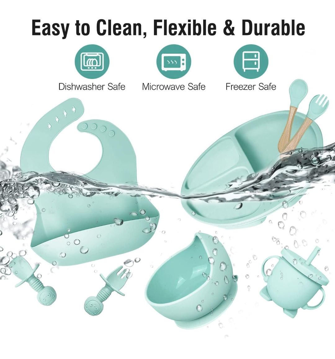 8PCS Silicone Baby Feeding Set, Baby Led Weaning Supplies with Suction Bowl Divided Plate, Toddler Self Feeding Dish Set with Spoons Forks Sippy Cup Adjustable Bib, Baby Eating Utensils