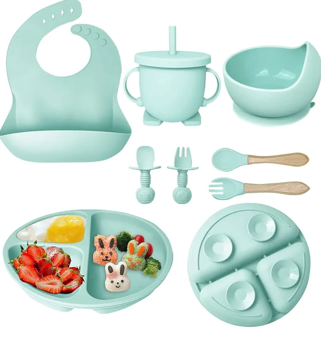 8PCS Silicone Baby Feeding Set, Baby Led Weaning Supplies with Suction Bowl Divided Plate, Toddler Self Feeding Dish Set with Spoons Forks Sippy Cup Adjustable Bib, Baby Eating Utensils