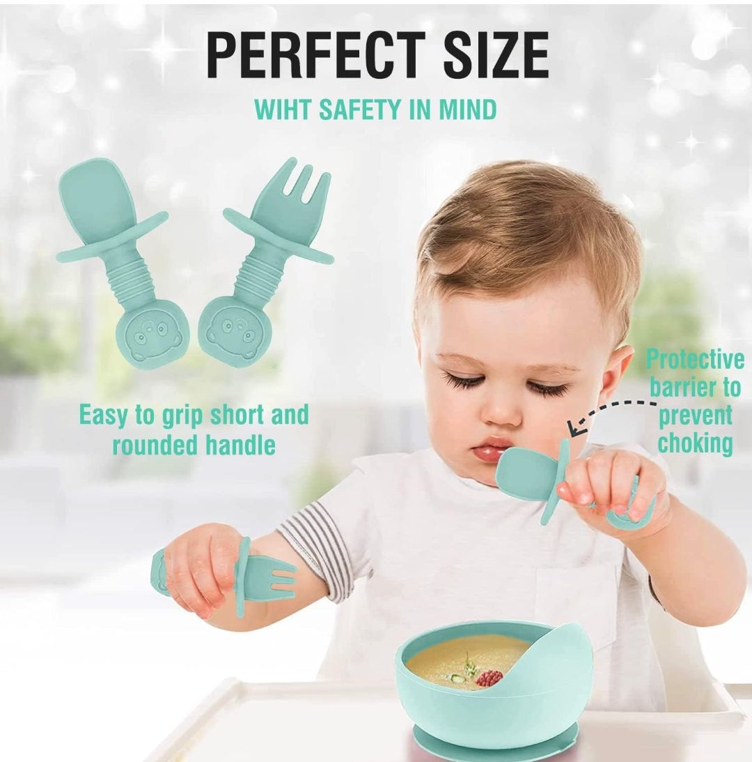 8PCS Silicone Baby Feeding Set, Baby Led Weaning Supplies with Suction Bowl Divided Plate, Toddler Self Feeding Dish Set with Spoons Forks Sippy Cup Adjustable Bib, Baby Eating Utensils