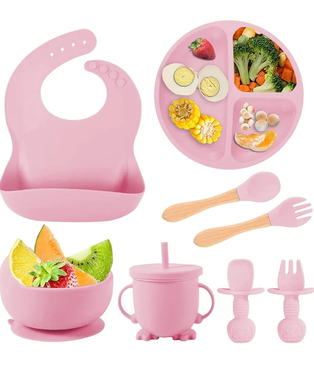 8PCS Silicone Baby Feeding Set, Baby Led Weaning Supplies with Suction Bowl Divided Plate, Toddler Self Feeding Dish Set with Spoons Forks Sippy Cup Adjustable Bib, Baby Eating Utensils