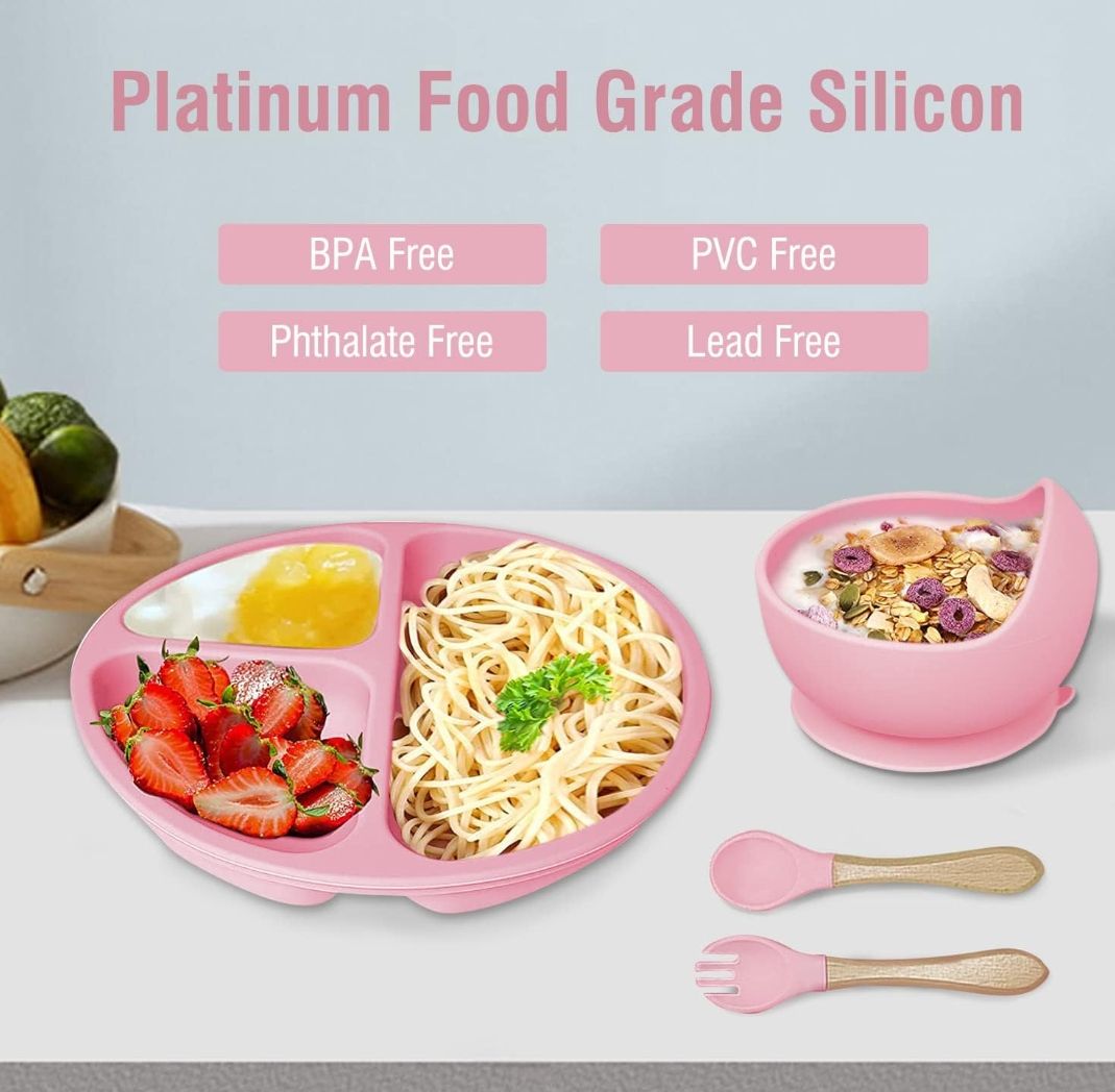 8PCS Silicone Baby Feeding Set, Baby Led Weaning Supplies with Suction Bowl Divided Plate, Toddler Self Feeding Dish Set with Spoons Forks Sippy Cup Adjustable Bib, Baby Eating Utensils