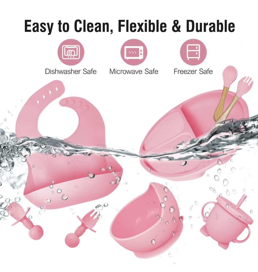 8PCS Silicone Baby Feeding Set, Baby Led Weaning Supplies with Suction Bowl Divided Plate, Toddler Self Feeding Dish Set with Spoons Forks Sippy Cup Adjustable Bib, Baby Eating Utensils