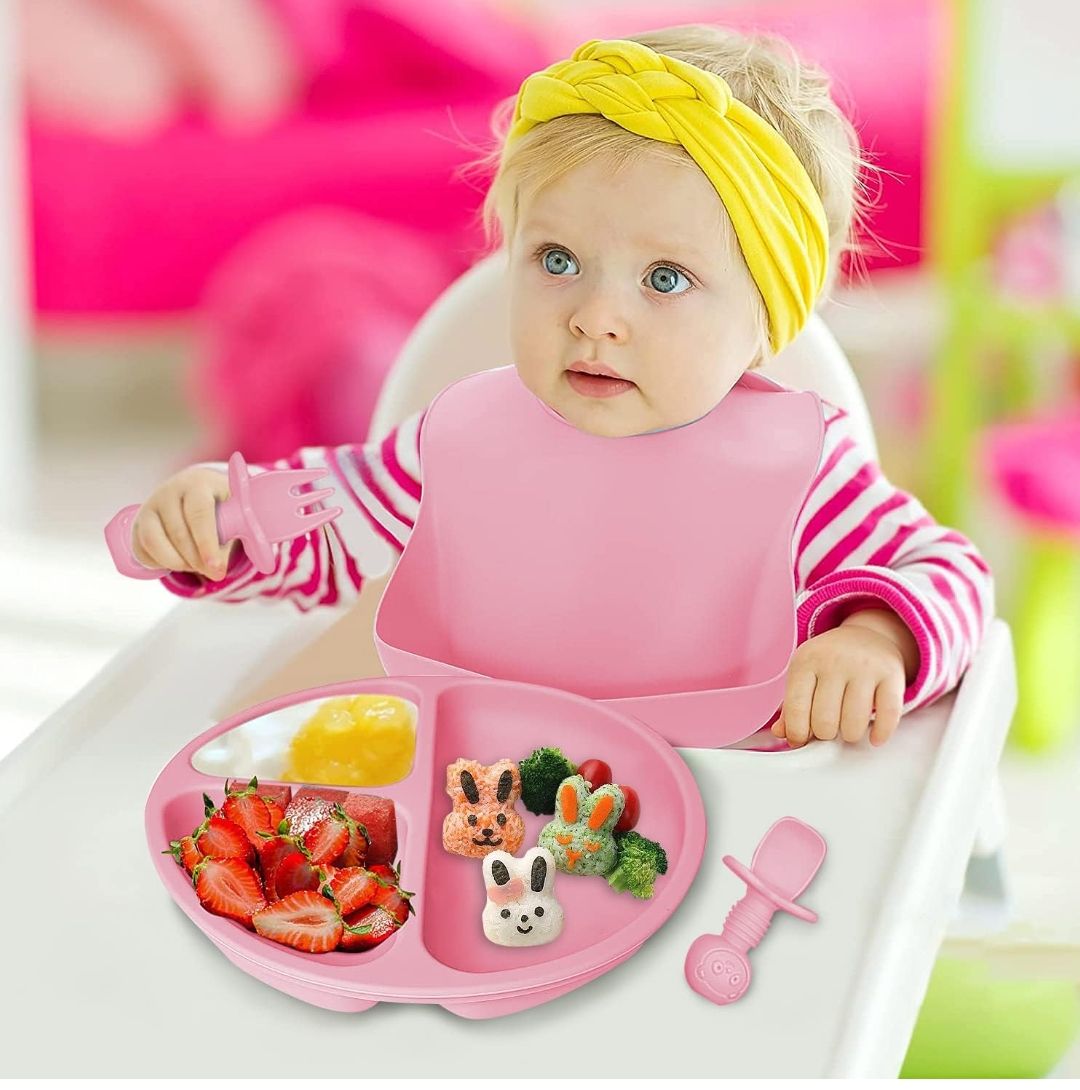 8PCS Silicone Baby Feeding Set, Baby Led Weaning Supplies with Suction Bowl Divided Plate, Toddler Self Feeding Dish Set with Spoons Forks Sippy Cup Adjustable Bib, Baby Eating Utensils
