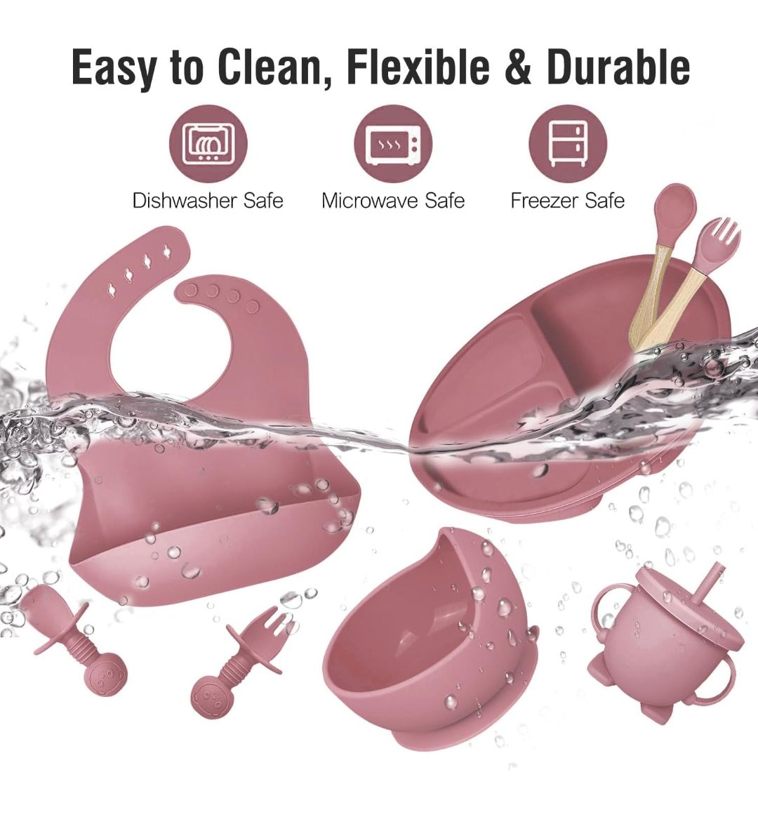 8PCS Silicone Baby Feeding Set, Baby Led Weaning Supplies with Suction Bowl Divided Plate, Toddler Self Feeding Dish Set with Spoons Forks Sippy Cup Adjustable Bib, Baby Eating Utensils