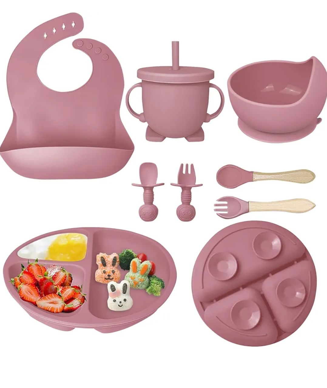 8PCS Silicone Baby Feeding Set, Baby Led Weaning Supplies with Suction Bowl Divided Plate, Toddler Self Feeding Dish Set with Spoons Forks Sippy Cup Adjustable Bib, Baby Eating Utensils