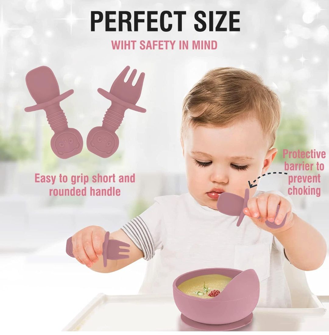 8PCS Silicone Baby Feeding Set, Baby Led Weaning Supplies with Suction Bowl Divided Plate, Toddler Self Feeding Dish Set with Spoons Forks Sippy Cup Adjustable Bib, Baby Eating Utensils