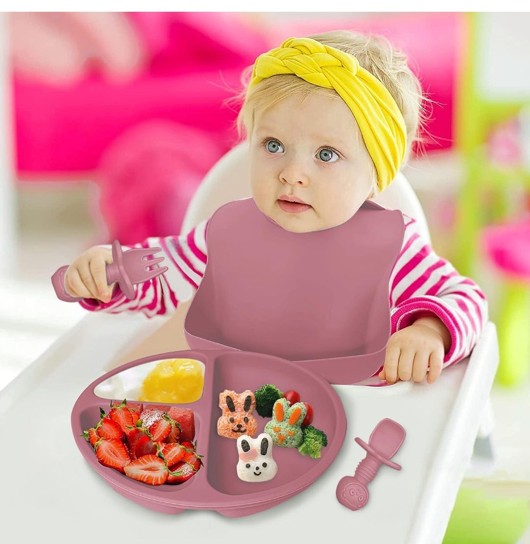 8PCS Silicone Baby Feeding Set, Baby Led Weaning Supplies with Suction Bowl Divided Plate, Toddler Self Feeding Dish Set with Spoons Forks Sippy Cup Adjustable Bib, Baby Eating Utensils
