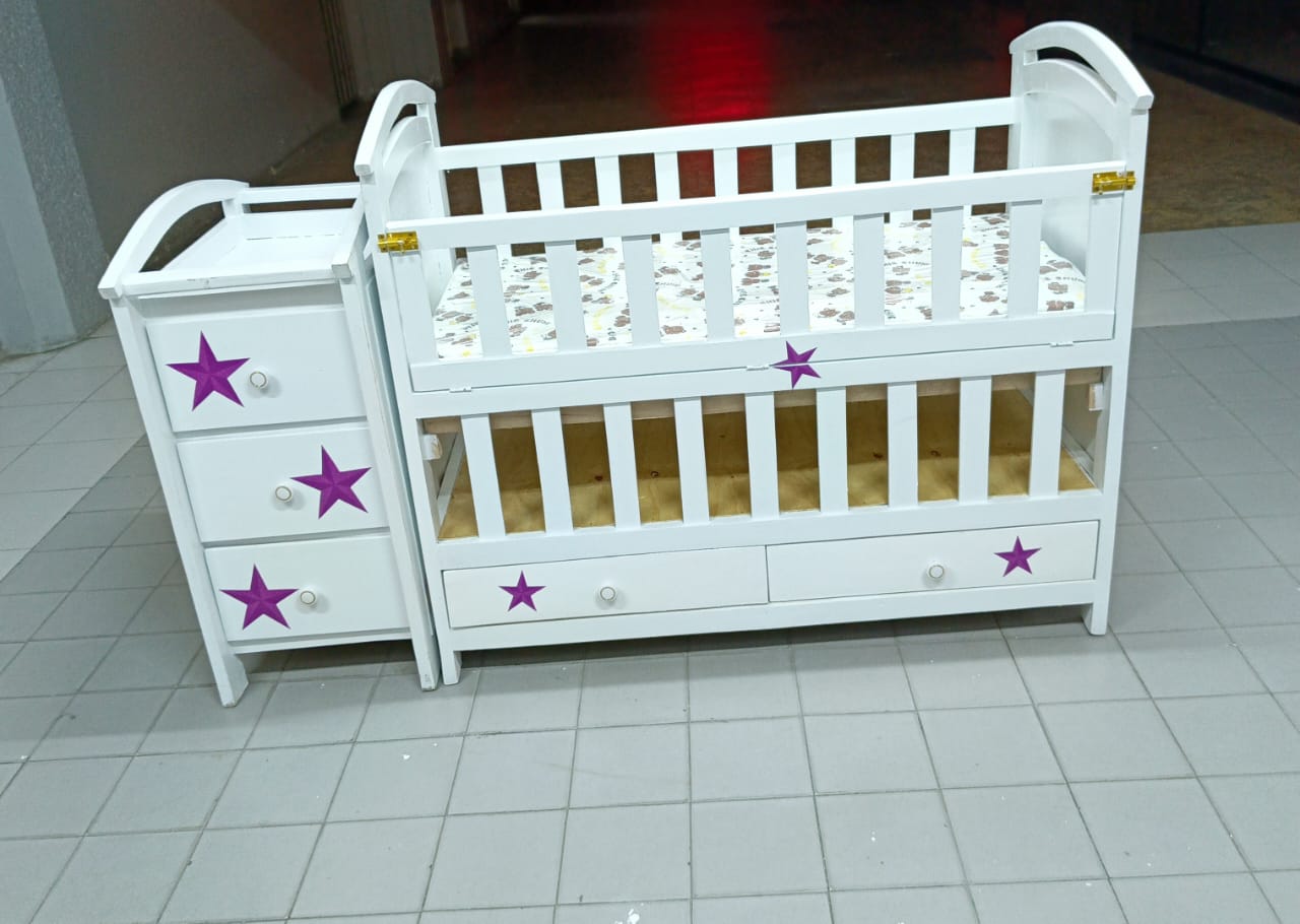 Baby Wooden Bed With Side Drawer ,4" Mattress ,Two Sleeping levels, Cosleep Option, Breathable, Good Finishing- Size 2ft by 4ft