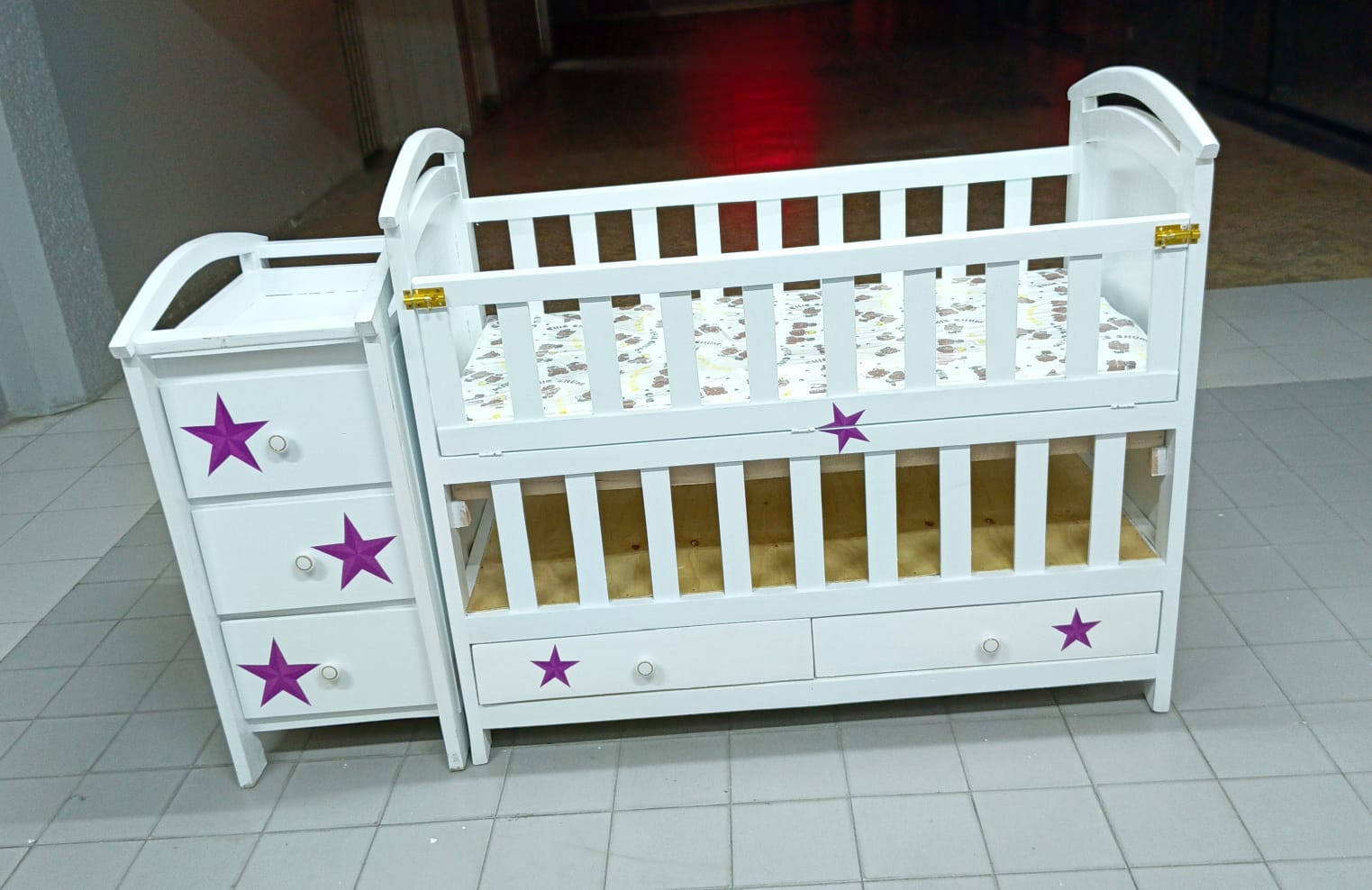 Baby Wooden Bed With Side Drawer ,4" Mattress ,Two Sleeping levels, Cosleep Option, Breathable, Good Finishing- Size 2ft by 4ft