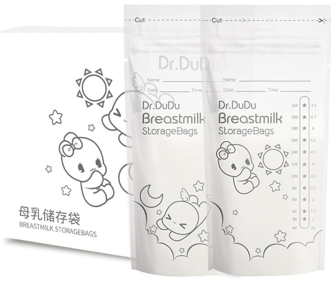 Dr Dudu Breastmilk Storage Bags, 50 count, 220 ml NEW Transparent Breast milk Storage Bags with Double Zipper, Self Standing, Leak proof, Pre-sealed